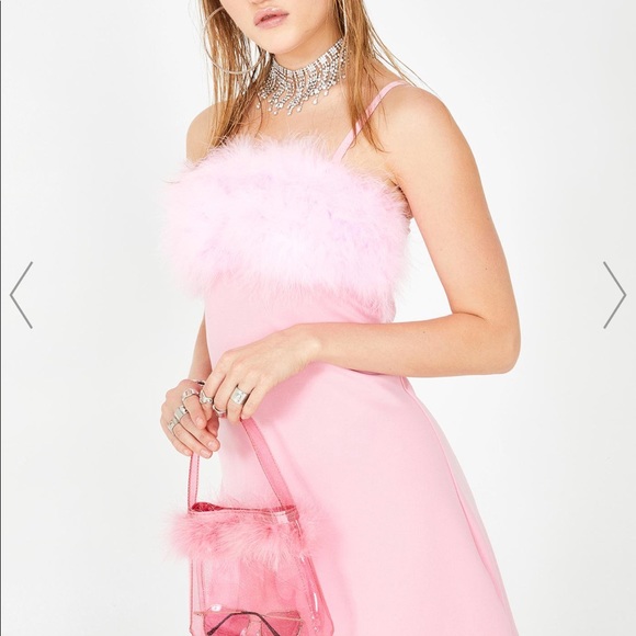 pink dress with fur trim